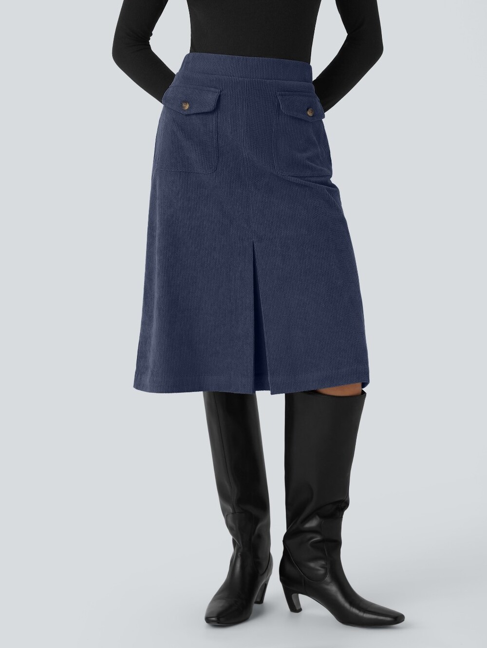 NWT HALARA Dusty Blue Corduroy Knee Length Skirt Front Flap Button Pockets M